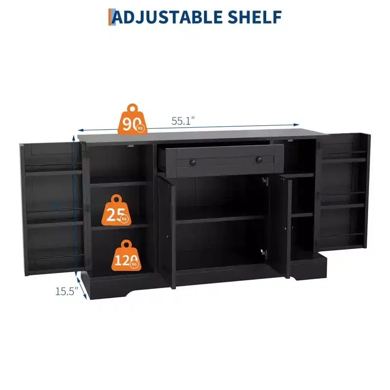 55 Sideboard Buffet Cabinet, Wood Coffee Bar Station with Adjustable Shelves, Credenza Console Table, Floor Cupboard Cabinet for Kitchen Living Room