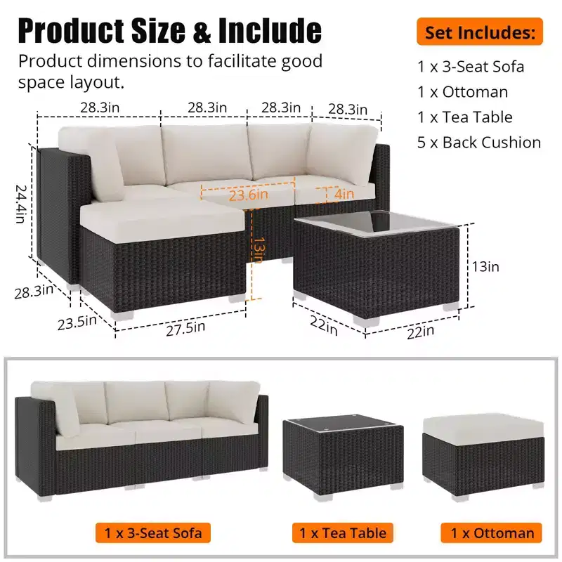 Acekool 5-Piece Outdoor Patio Sectional Set with All-Weather Rattan, Tempered Glass Table & Cushions