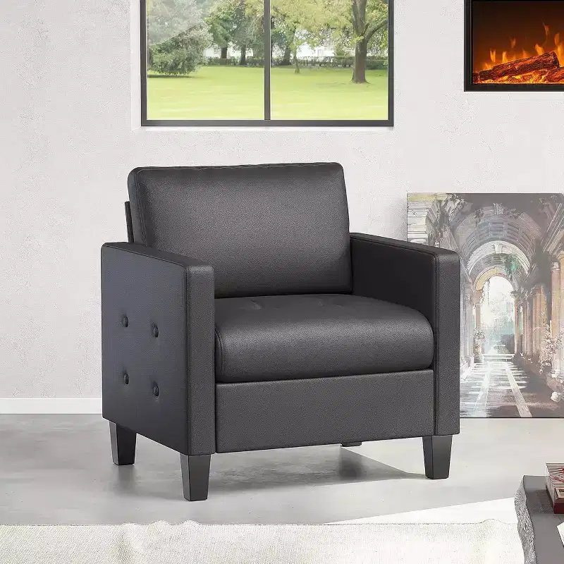 Black Faux Leather Tufted Accent Reading Chair for Living Room, Bedroom & Waiting Room