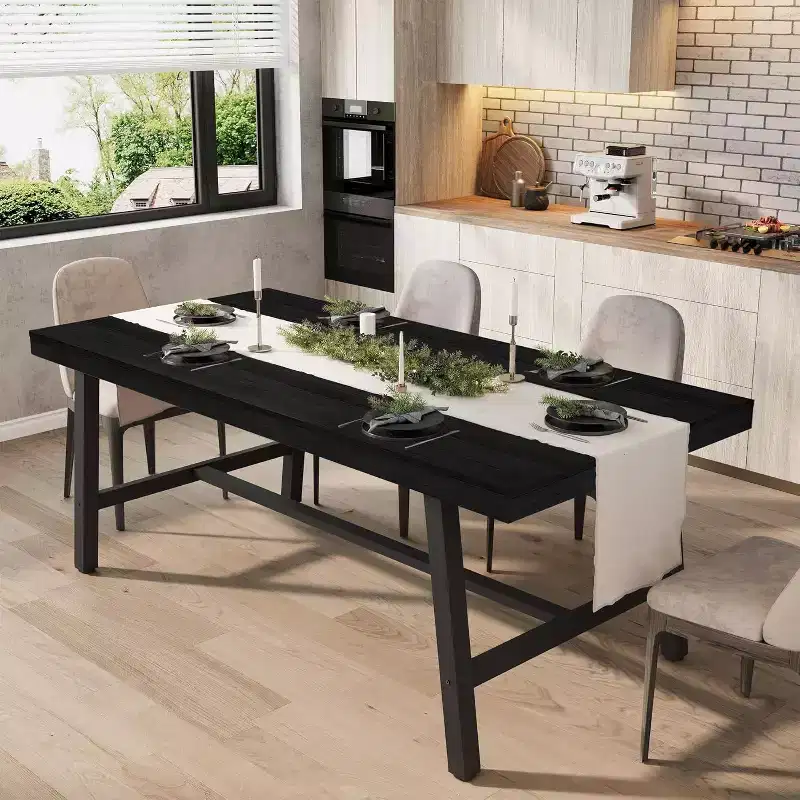 Industrial Style Dining Table for 6-8, 70.87 Long Wooden Kitchen Table with Durable Metal Frame, Black Finish, For Dining Room or Kitchen