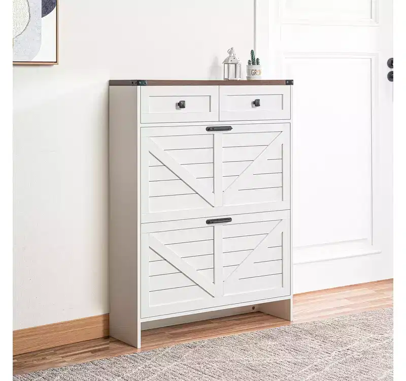 Home Imports Emporium Farmhouse Slim Shoe Cabinet with Flip Drawers  Narrow Entryway Shoe Storage Cabinet with 2 Utility Drawers