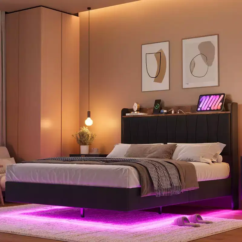 Garvee Floating Upholstered Bed Frame , Charging Station, Storage Headboard, Easy to Assemble