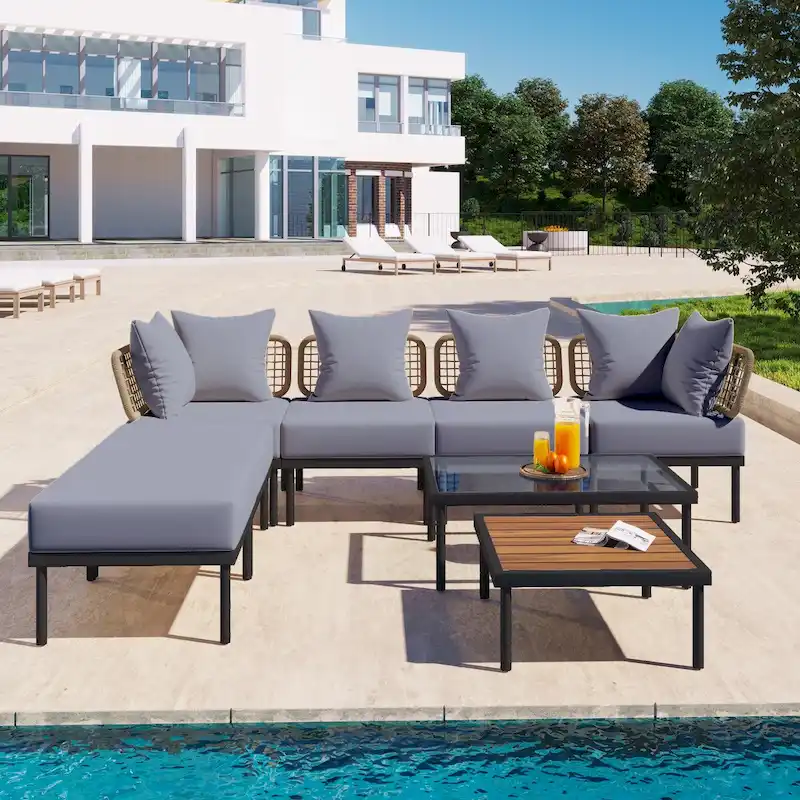 8-Piece Patio Sectional Sofa Set with Tempered Glass Coffee Table