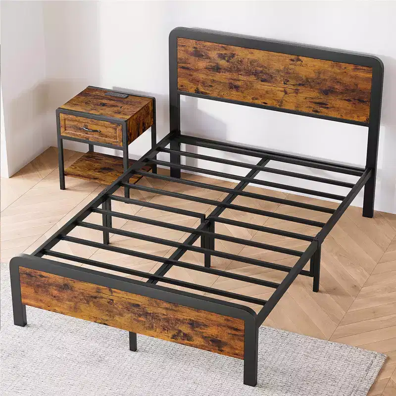 Queen-size bed frame with wooden headboard and footboard  rustic-style platform bed featuring metal slats, simple assembly for bedroom use