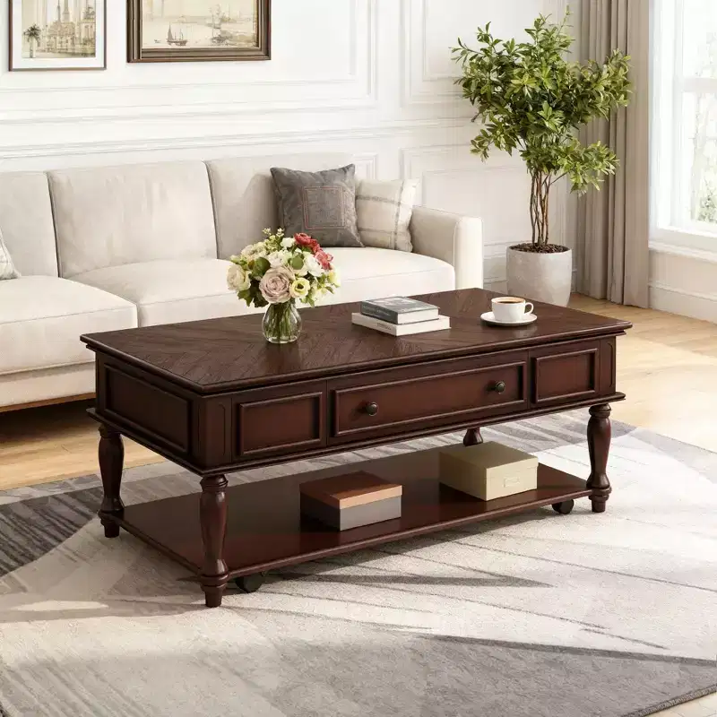 Farmhouse Coffee Table with Drawer, Lockable Wheels and Solid Wood Legs - Espresso, 47.2