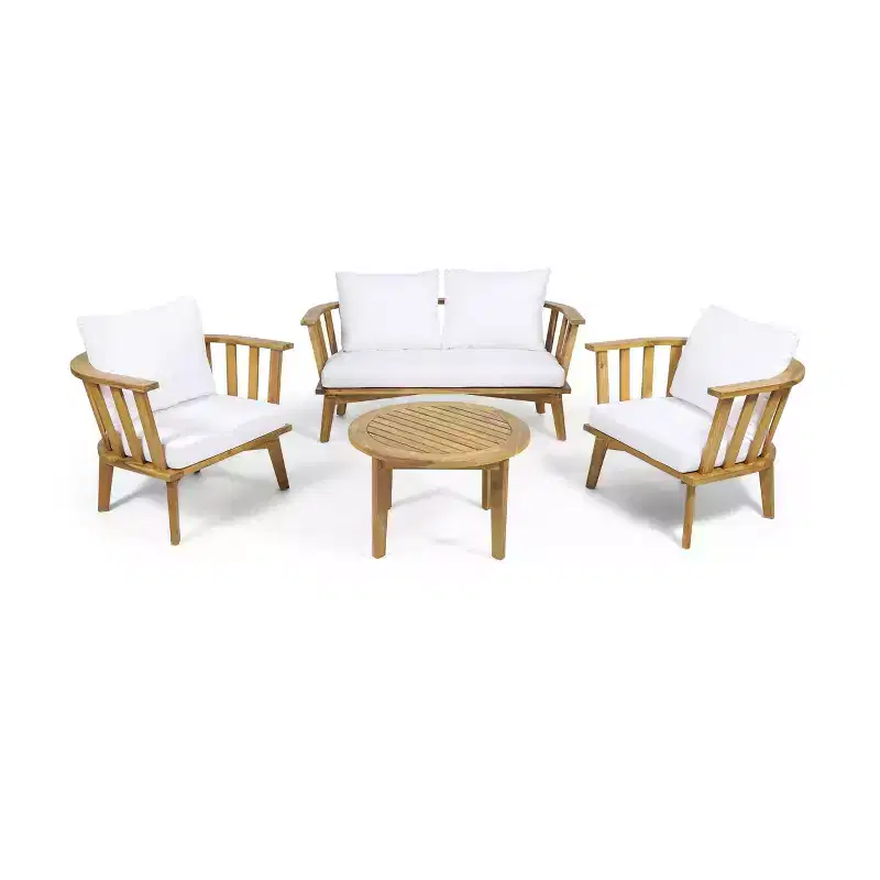 Solano 5pc Outdoor Wooden Chat Set with Round Coffee Table - White/Teak - Christopher Knight Home: Acacia Wood, UV & Water-Resistant