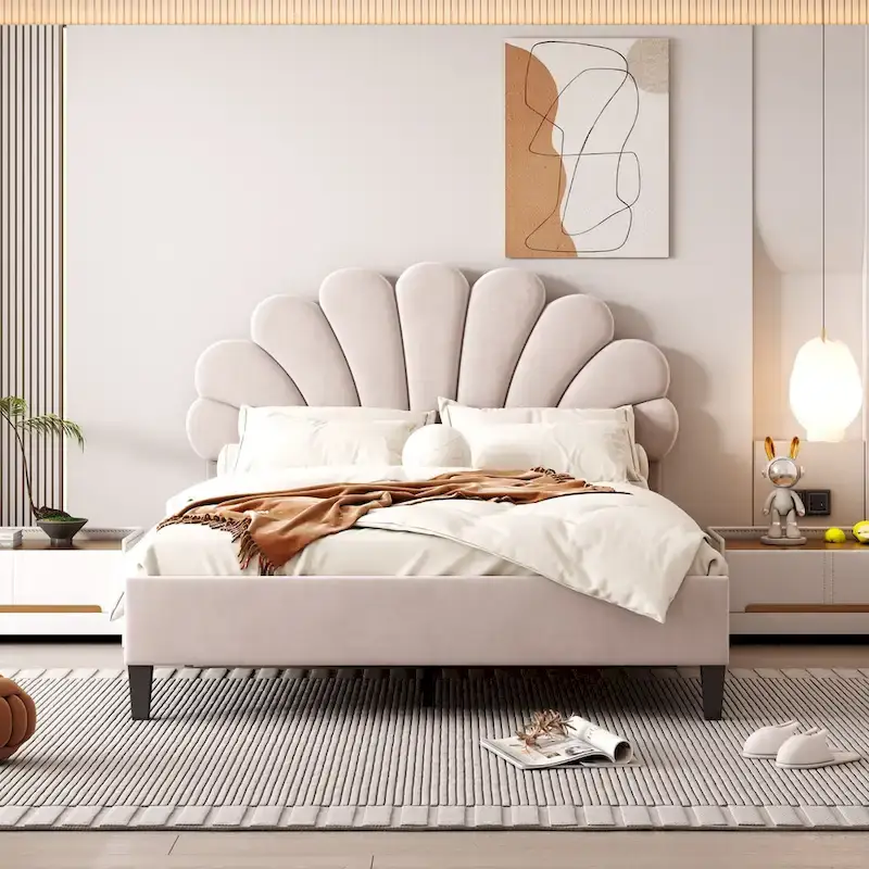 Classic Full Size Platform Bed Soft Velvet Upholstered Bed Frame with Flower Pattern Headboard, NO Box Spring Required