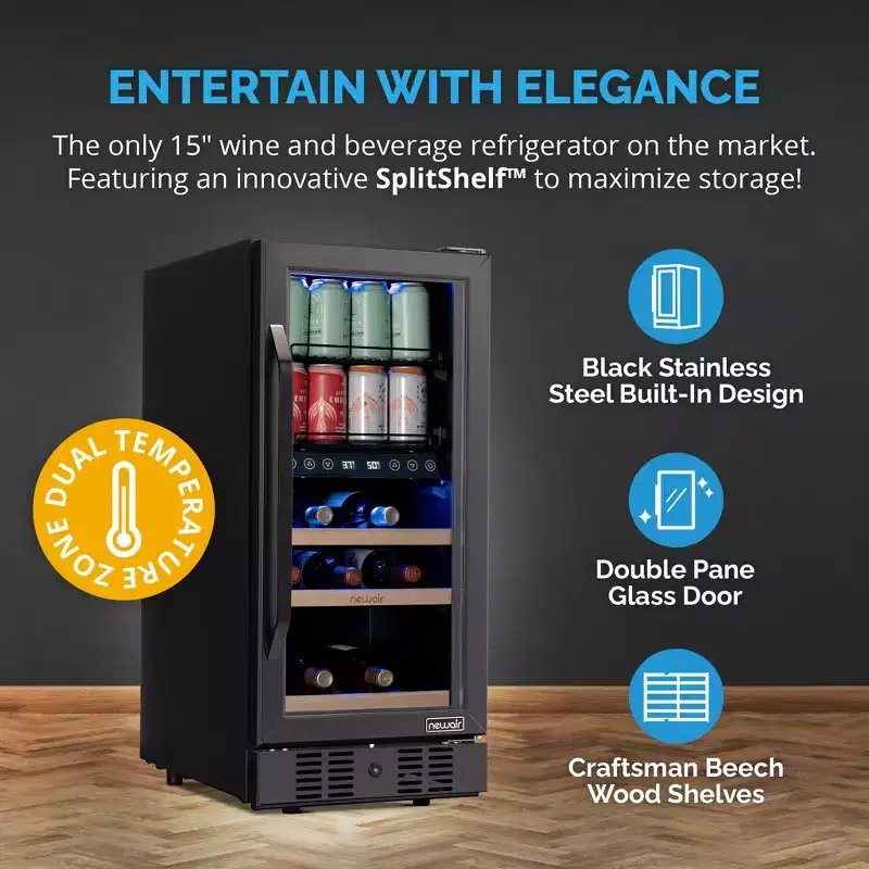 Newair 48-Can, 13-Bottle Built-in Dual Zone Black Beverage Fridge - 15