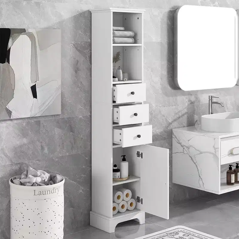 Freestanding Storage Cabinet, MDF Floor Cabinet with 3 Drawers, 2 Open Storage Shelf and 1 Door for Bathroom Kitchen Living Room