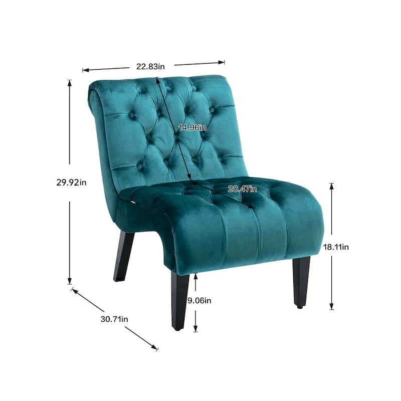 Velvet Armless Accent Chair with Wooden Legs and Thick Cushioned Seat