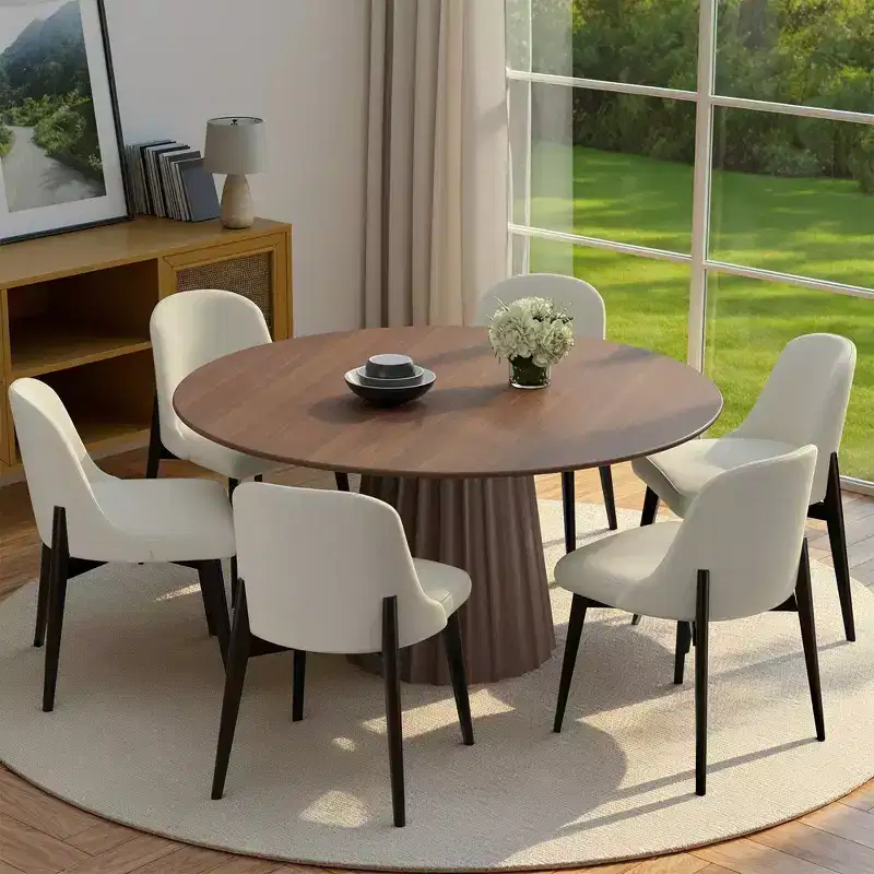 PexFix 52 Modern Round Dining Table Set with 6 Upholstered Chairs Walnut Textured Wood Top Pleated Pedestal Base Beige Seats for Kitchen Dining Room
