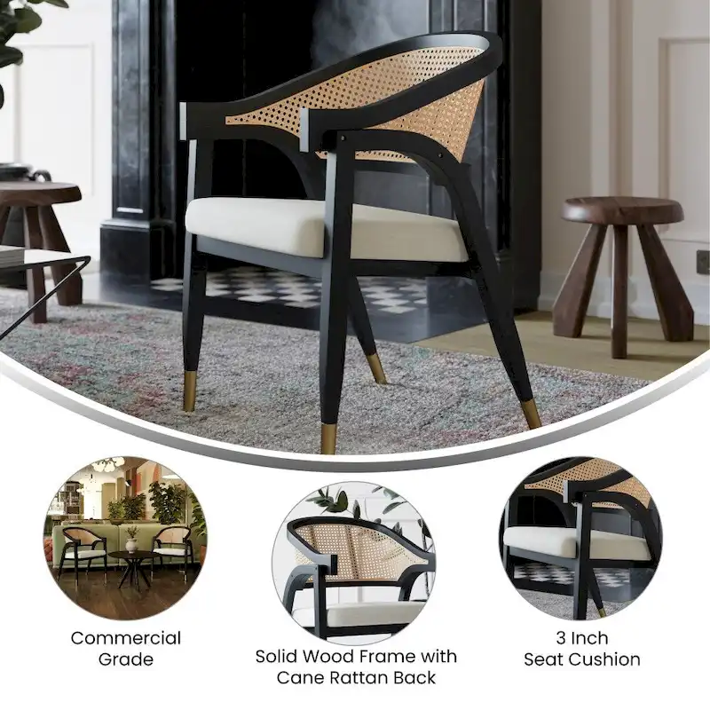 Cane Rattan Woven Back Dining Chair with Upholstered Seat