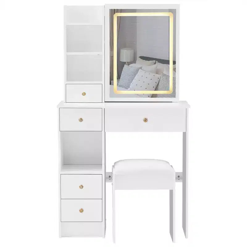 Homy Casa Vanity Table Set with Lighted Mirror and Storage Drawers for Bedroom or Dressing Room, White
