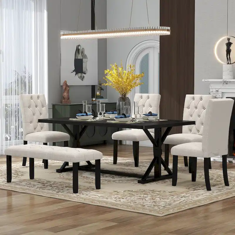 6-Piece Farmhouse Dining Table Set 72 Wood Rectangular Table, 4 Upholstered Chairs with Bench