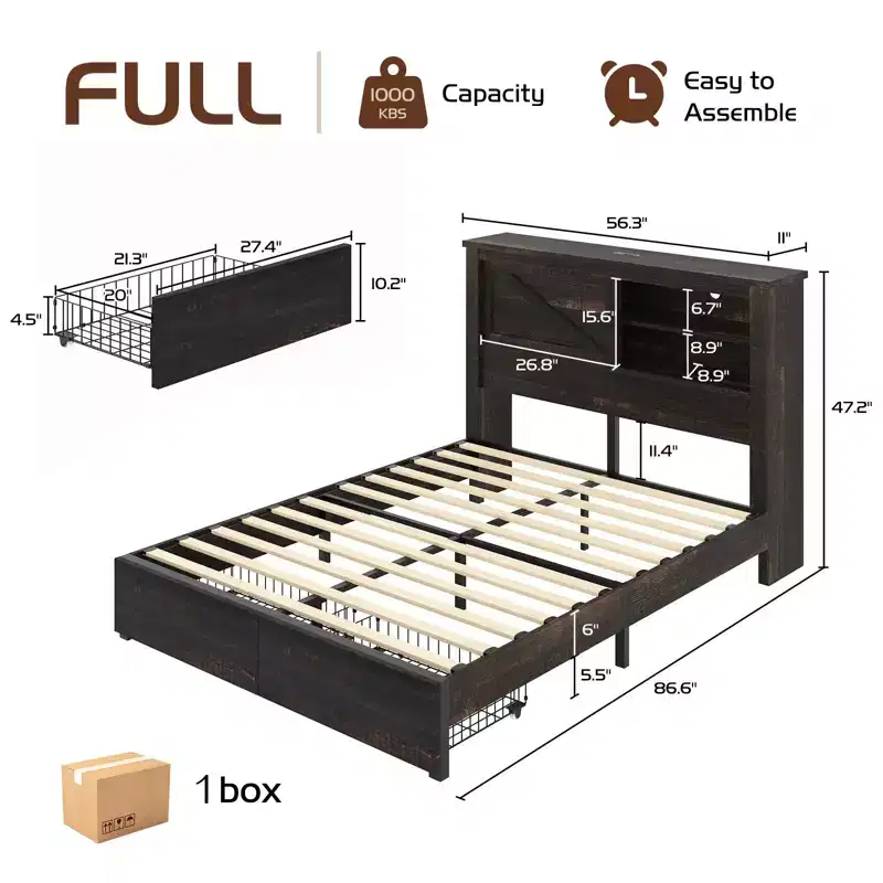 AMERLIFE 47.2 H Bed Frame with Bookcase Headboard, Charging Station, 2 Drawers