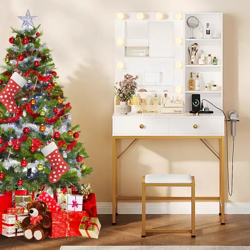 COZONY Vanity Desk Set w/ Mirror, 3 Lighting Modes, 2 Drawers, Charging Station & Stool for Bedroom/Dressing Rm