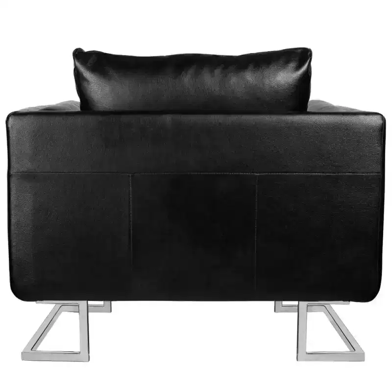 Modern Cube Armchair with Chrome Feet, Upholstered with Black Leather - Black