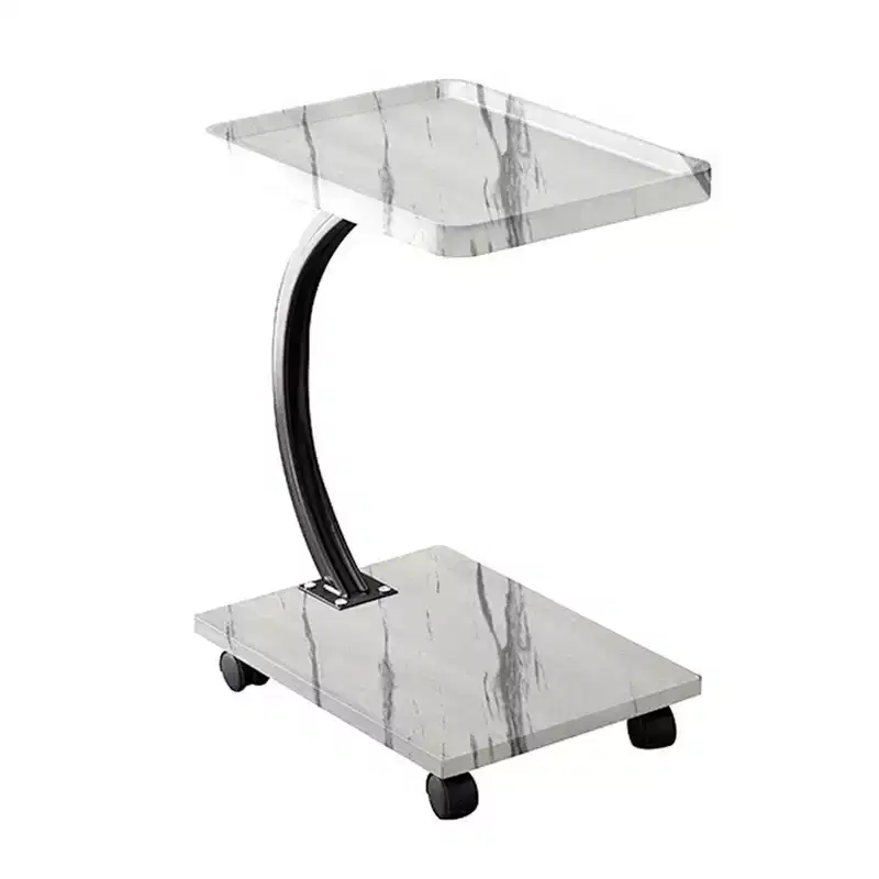 End Table with Rolling Wheels, C Shaped Side Table for Couch, TV tray Table with 2-layer Storage Shelves for Small Spaces, Living Room