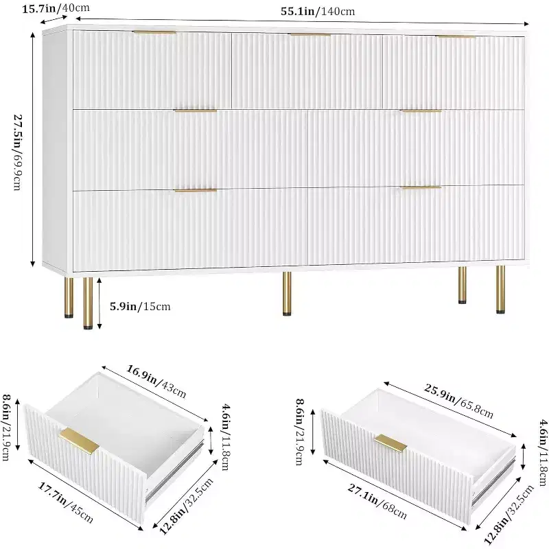 COZONY 7 Drawer Dresser 55 Inch Wide, Fluted Wood Double Dresser Metal Handles for Bedroom Living Room Hallway