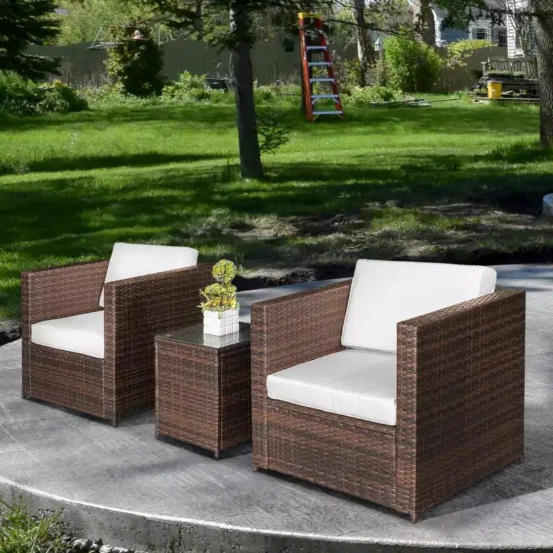 Outsunny 3 Piece Wicker Bistro Patio Set for 2, Rattan Porch Chairs, Cushions, Glass Side table, Garden or Balcony Furniture Conversation Set