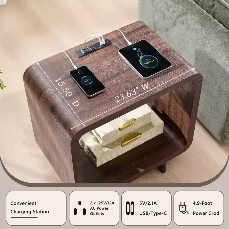 End Table with Charging Station, 23.6 Wood Nightstand with Open Shelf Storage, Modern Side Table for Living Room, Bedroom