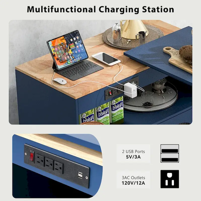 LED Lights Kitchen Island Cart With Extended Table and Power Outlets