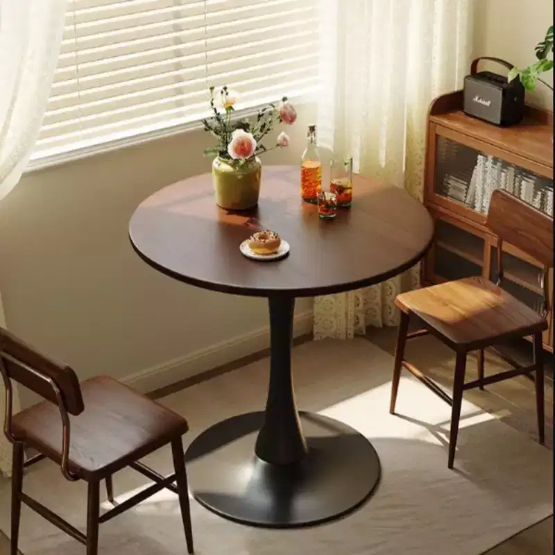 Round Dining Table with Thickened Tabletop and Steel Base, Modern Bistro Table for Kitchen, Living Room, Walnut, 23.6