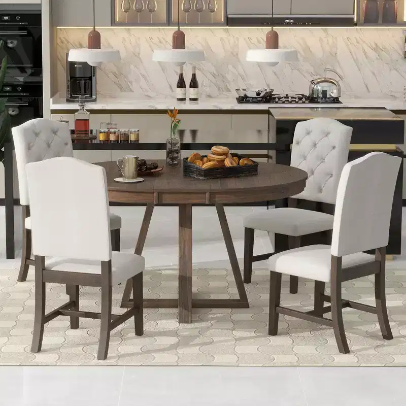 Whisen Retro Style 5-Piece Extendable Dining Set with 4-Botton Tufted Upholstered Chairs