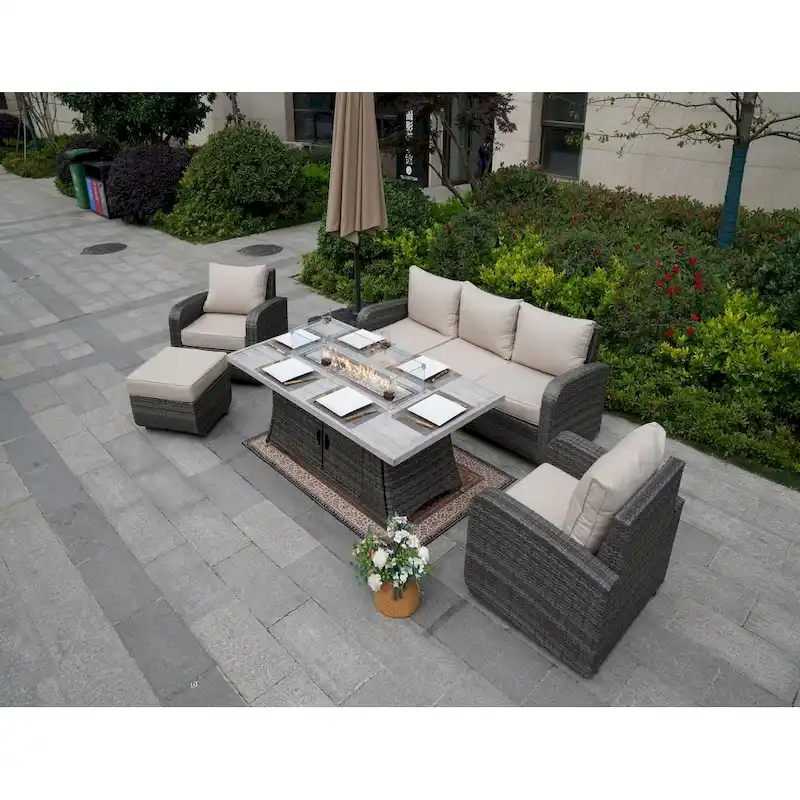 5-Piece Wicker Patio Sofa Set with Gas Firepit And Ice Bucket by None
