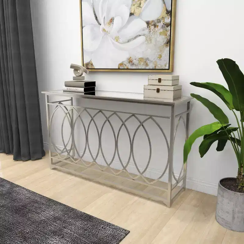 Metal and Mirror Trellis Design Front and Sides Console Table Silver