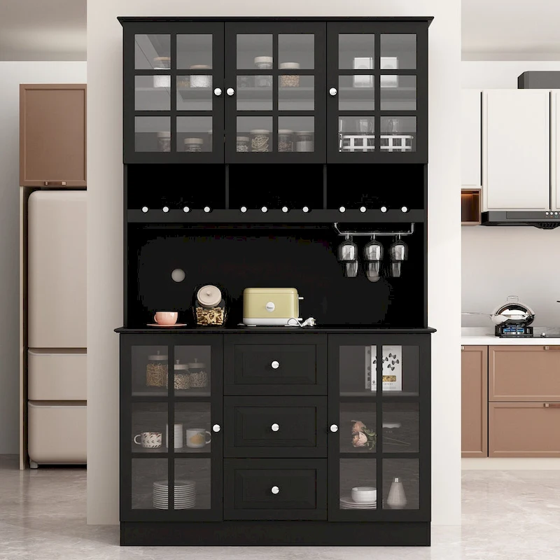 78.9Pantry Buffet White Buffet with Wine Glass Rack Drawer and Hutch