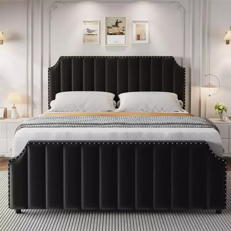 Tufted Headboard & Footboard - 50.2 Wingback Tall Headboard Footboard-Deep Button Tufted-Easily Assemble-Nailhead Trim