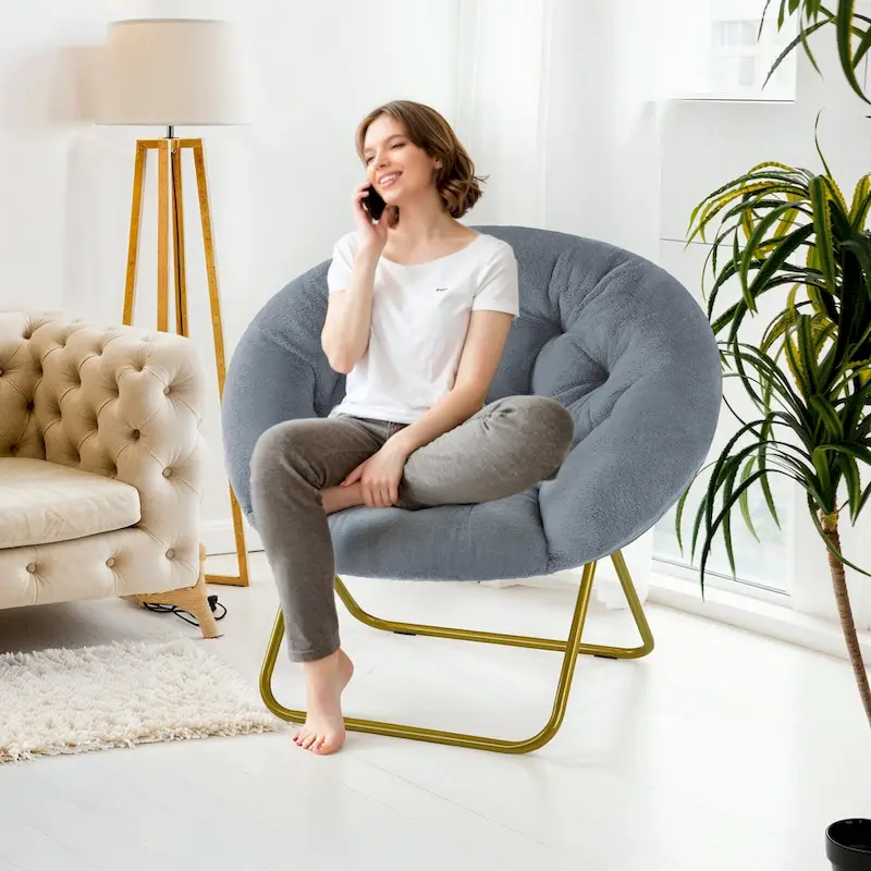 Foldable Saucer Chair with Faux Fur Cushion