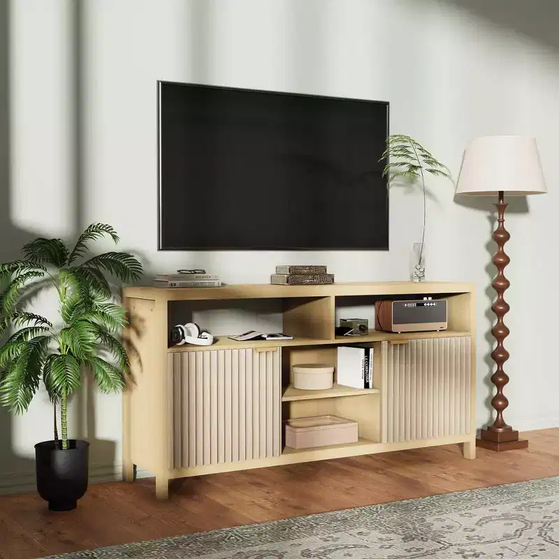 59 inch Textured Tall TV Cabinet for Living Room, Heavy Duty Entertainment Center with Storage, Mid-Century TV Cabinet for 50/55/60/65 Inch TVs