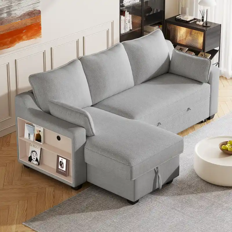 Fabric L-Shaped Convertible Sofa Bed with Storage Chaise