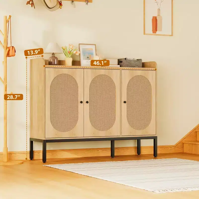 Rattan 3 Doors Buffet Cabinet with Storage Free Standing Wooden Shoe Storage Organizer Cabinet with Adjustable Shelf Narrow Shoe Rack for Entryway