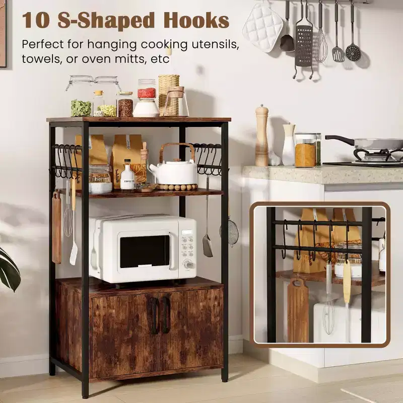 Costway 3-Tier Kitchen Bakers Rack with Cabinet 2 Open Shelves 10 S-Shaped Hooks