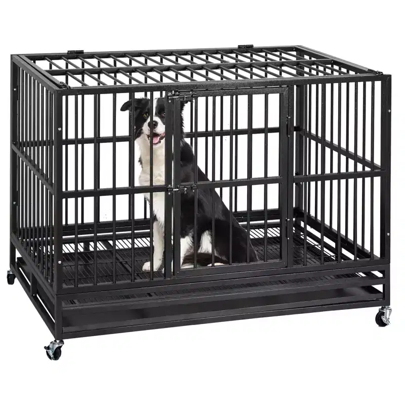 Heavy Duty Dog Crate Cage Kennel, Indestructible Steel Escape Proof, 360 Lockable Wheels, Removable Tray, Top Open Design, for Medium Large Dogs