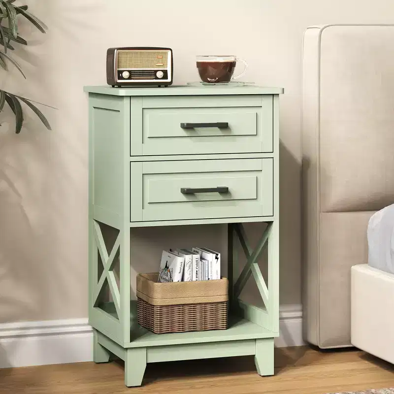 Tall Nightstand with 2 Drawers and Open Shelf Below
