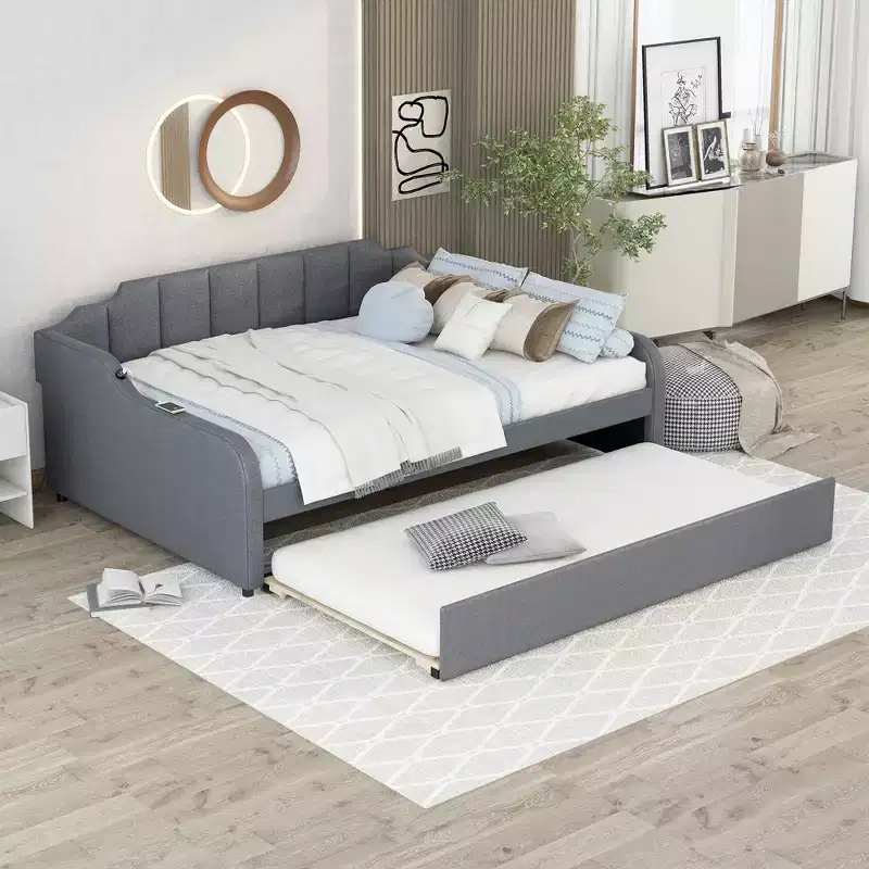 Whisen Upholstery Daybed with Erectable Trundle and USB Charging Design