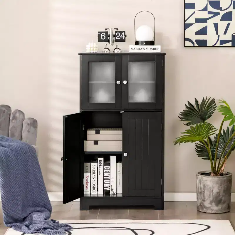 4-Door Floor Storage Cabinet with Adjustable Shelf & Tempered Glass - Black/Brown