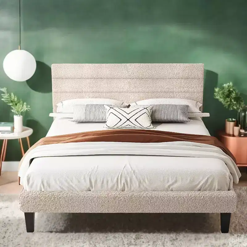 Beige Boucle Upholstered Platform Bed with Adjustable Headboard & Wood Slats – Noise Free