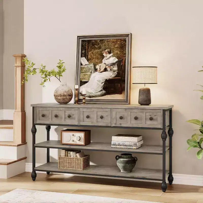 52 Console Table, Entryway Table with 3 Storage Drawers,3 Tier Industrial Console Tables with Storage for Entryway, Hallway, Living Room