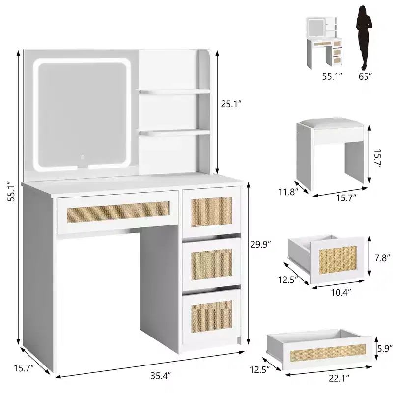 Mirror Dressing Table with Particle Board, Rattan Weave Surface, White
