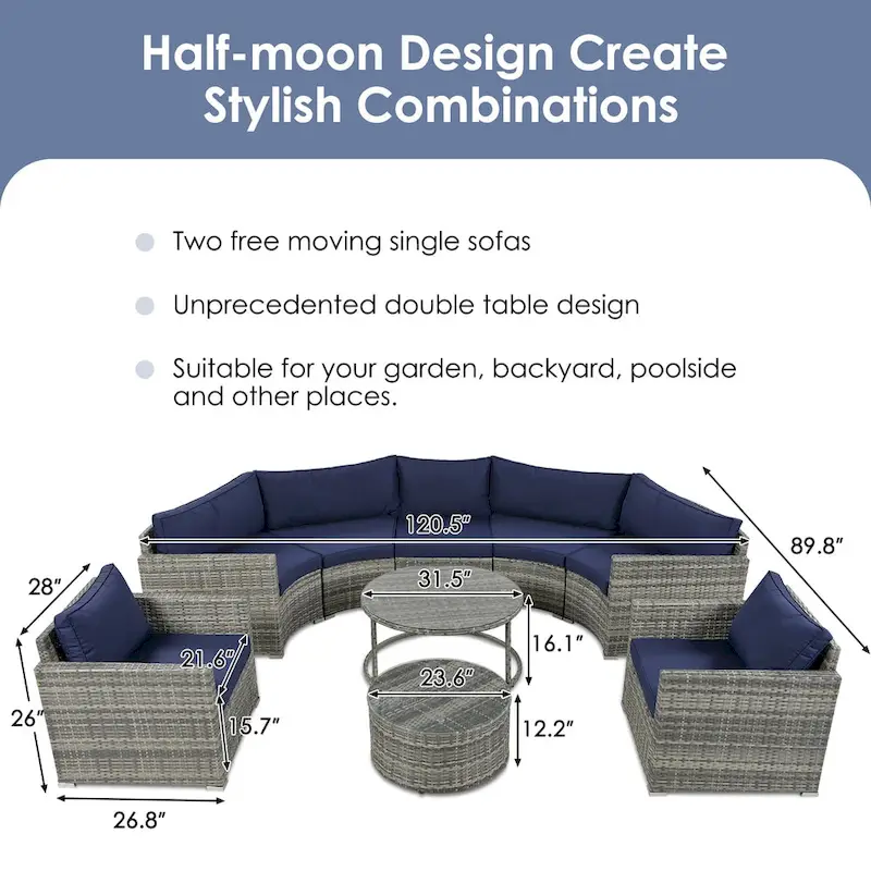 9-Piece Half-Moon Sectional Set with Nesting Table & Armchairs