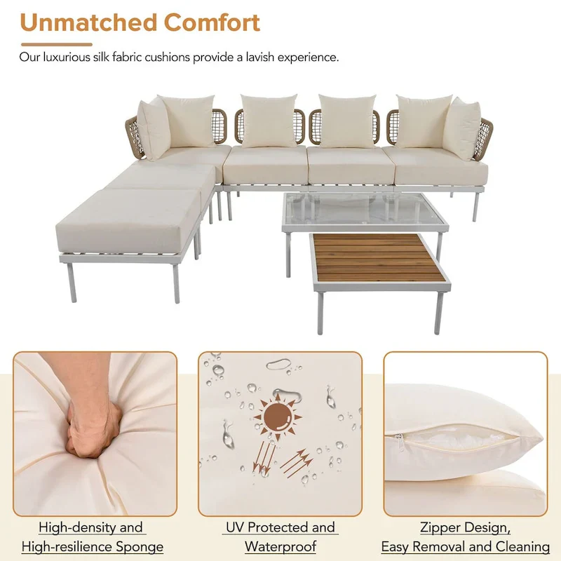 8-Piece Patio Sectional Sofa Set with Tempered Glass Coffee Table