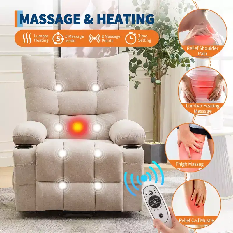 Power Lift Recliner Chair, Electric Massage & Heat Recliner with 45 Assist Stand, with Soft Padded Upholstery, Side Pocket & Cup Holders