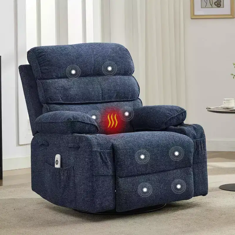 360 Swivel Massage Rocker Recliner with Heat, Linen Glider Chair for Adults, Side Pocket & 2 Cup Holders  Living Room & Bedroom Comfort