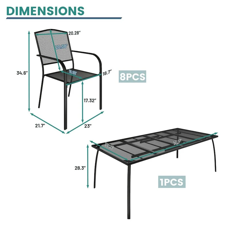 Rectangular iron mesh table with chair (set of 9)