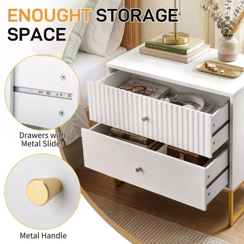 Karl Home White P2 MDF Nightstand Grid Flat 2 Drawers 27.6 Inch